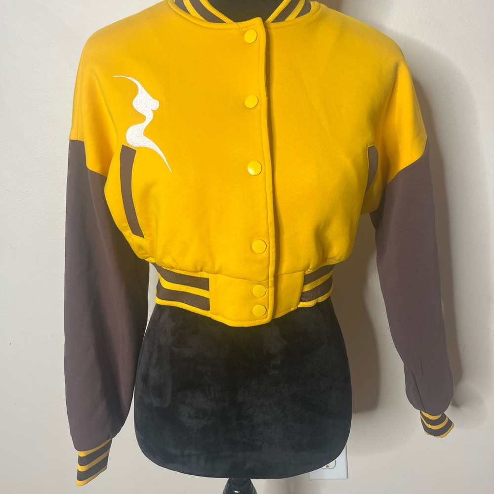 Magic City Women’s‎ Yellow Brown Embroidered Cropped Varsity Jacket Sz XS